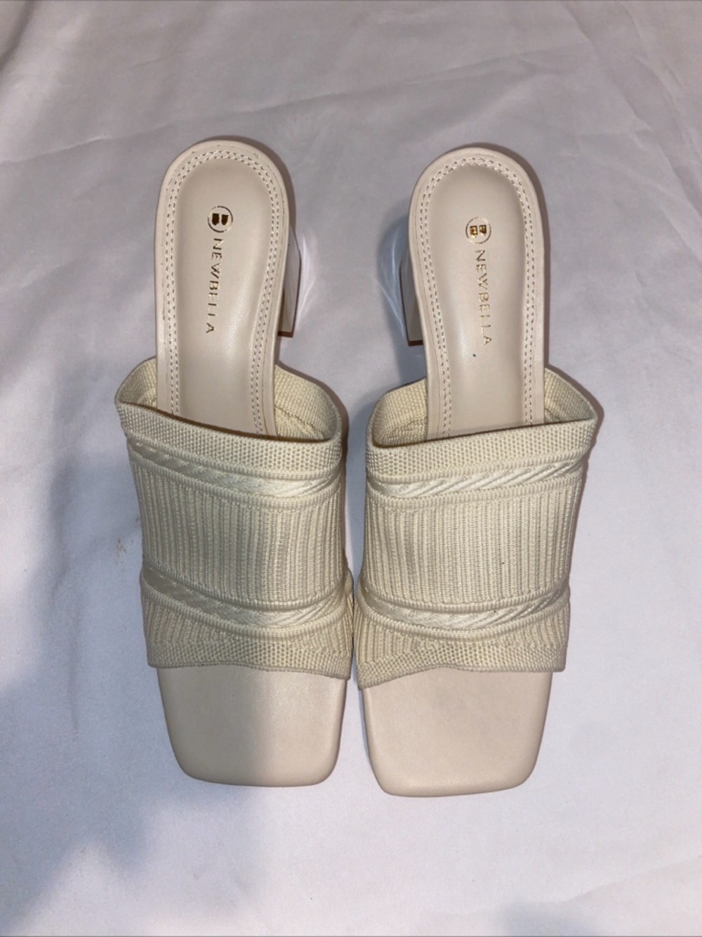 Newbella Cream Knit Slide Mules — Open Square Toe Low Heel